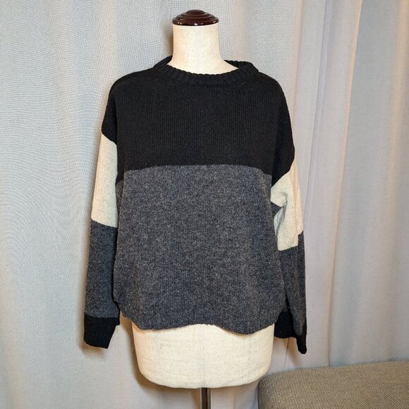 TOAST UK 100% Wool Sweater Black Striped Gray Small Medium - Picture 1 of 7
